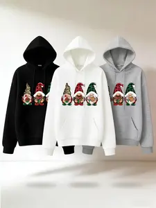 Women's colorfully patterned Christmas Gnomes holiday hoodie, waffle weave polyester fiber casual top, hood with slanted pockets, thickened clothing for autumn and winter