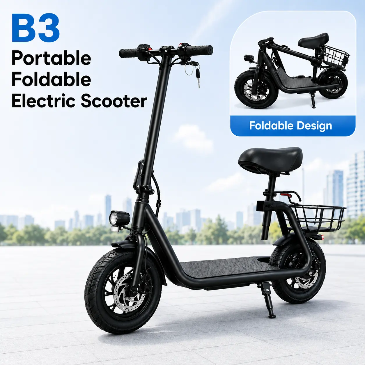 B3 Electric Scooter for Daily Use – Utility & Comfort Design with Wide Deck, Comfort Seat, Rear Basket, and Convenient Hook (Sports & Outdoor Fitness Scooter Equipment) portable adult foldable