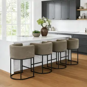 26" Seat High Counter Height Bar Stools Set of 2/3/4, Modern Barrel Barstools with Backrest & Armrests, Metal Frame, Chenille Upholstered Accent Chairs for Kitchen Island, Pre-Assembled