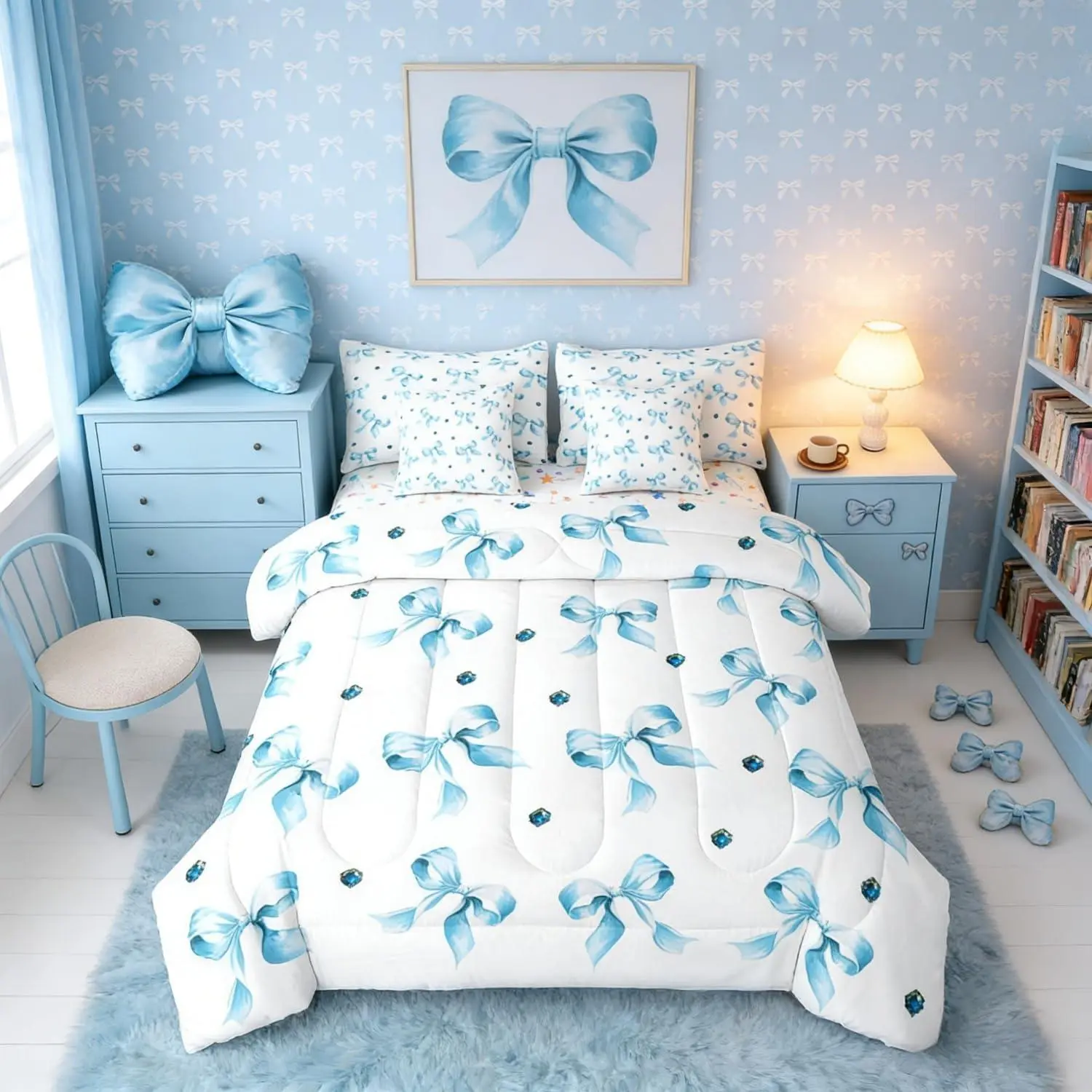 Blue Bow 7 Piece Bed in a Bag Coquette Decor 7 Piece Comforter Set,Dreamy Princess Style Fitted Sheet Breathable Lightweight Diamond Girly Butterfly Knot Sheet Set,Reversible