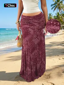 Womens Boho Maxi Skirt High Waisted Paisley Print Long Skirt Stretch Mesh Bodycon Slim Fit Elastic Waist Summer Beach Vacation Resort Wear Lightweight Flowing Y2K Bohemian Casual Holiday Printed Maxi Skirt Aesthetic