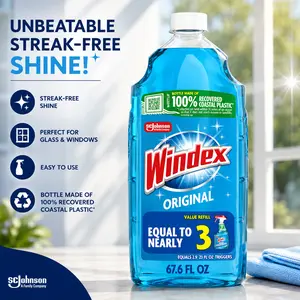 Windex Refill Glass and Window Cleaner Bottle, Bottle Made from 100% Recycled Plastic, Surface Cleaning Spray, Original Blue Scent, 2L (67.6 Fl Oz)