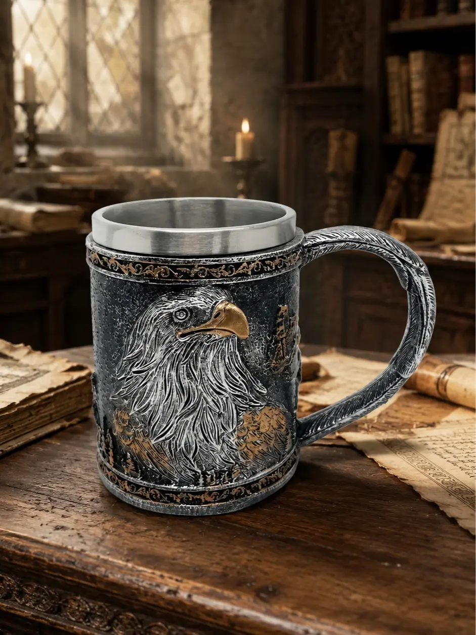 Armored Kingdom Skywarden Eagle Mug - 16 oz Stainless Steel Customizable Mug for Adults, Medieval-Inspired Battle Brew Drinkware with Majestic Eagle Design, Skybound Finish, Crown Key Accent, Washable for Collectors of Medieval Relics, Customizable Mugs,