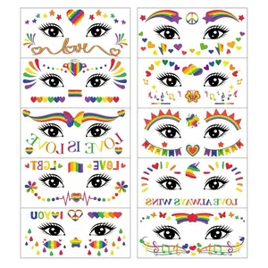 Gay Rainbow Tattoo Stickers 10pcs LGBT Pride Day Face Temporary Stickers Variety of Designs for Celebrating Diversity and Inclusivity