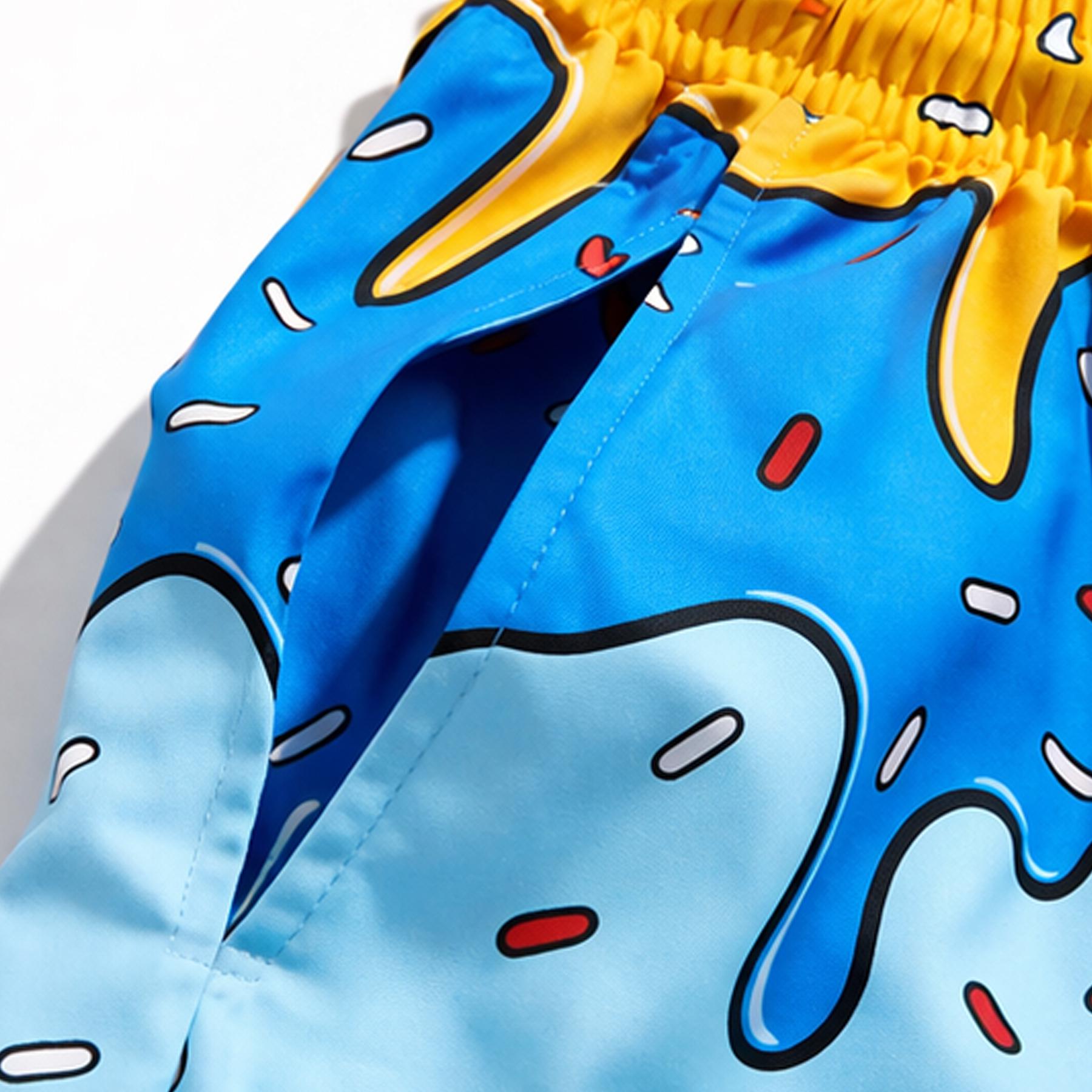 Mens Graphic Swim Trunks Y2K Ice Cream Drip Print Cartoon Beach Shorts All Over Sprinkle Doodle Elastic Drawstring Relaxed Fit Novelty Board Shorts Pop Art Streetwear Vacation Pool Party Resort Cruise Surf Water Park Festival Seaside Holiday Summer Outfit