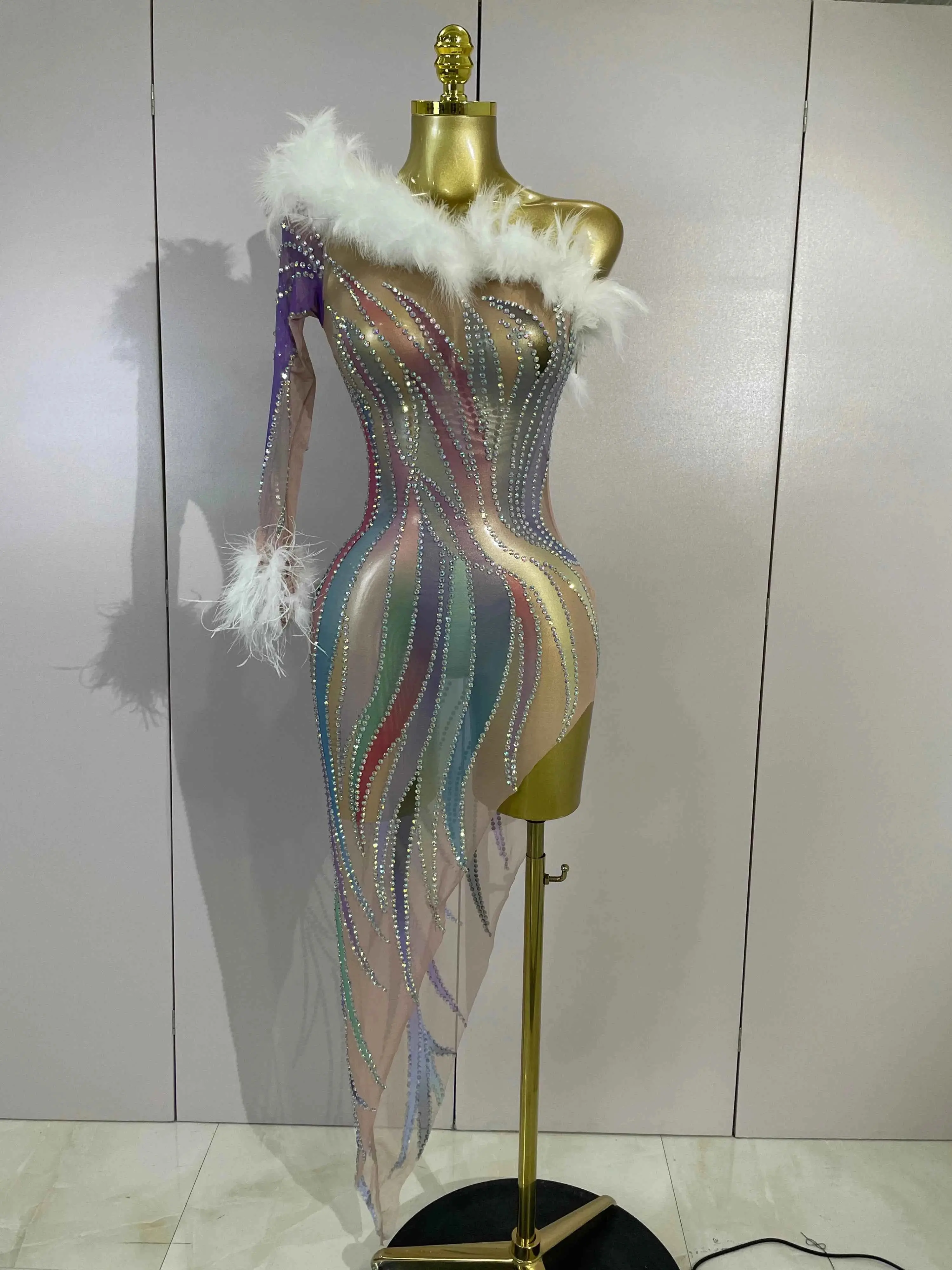 Wendy Sparkly Rhinestone Feather One-Shoulder See-Through Dress for Women