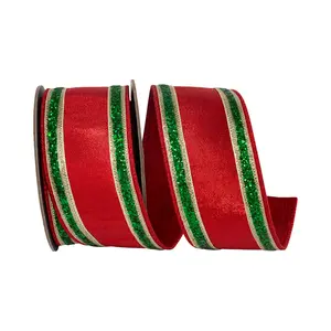 Red and Green Glitter Stripe Fiesta Ribbon, 2.5" X 5YD