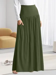 【Plus Size】 Solid Pocket High Waist A Line Skirt, Solid Color Skirt, Casual Fashion Long Skirt for Daily Outdoor Wear, Women Clothing for Fall & Winter