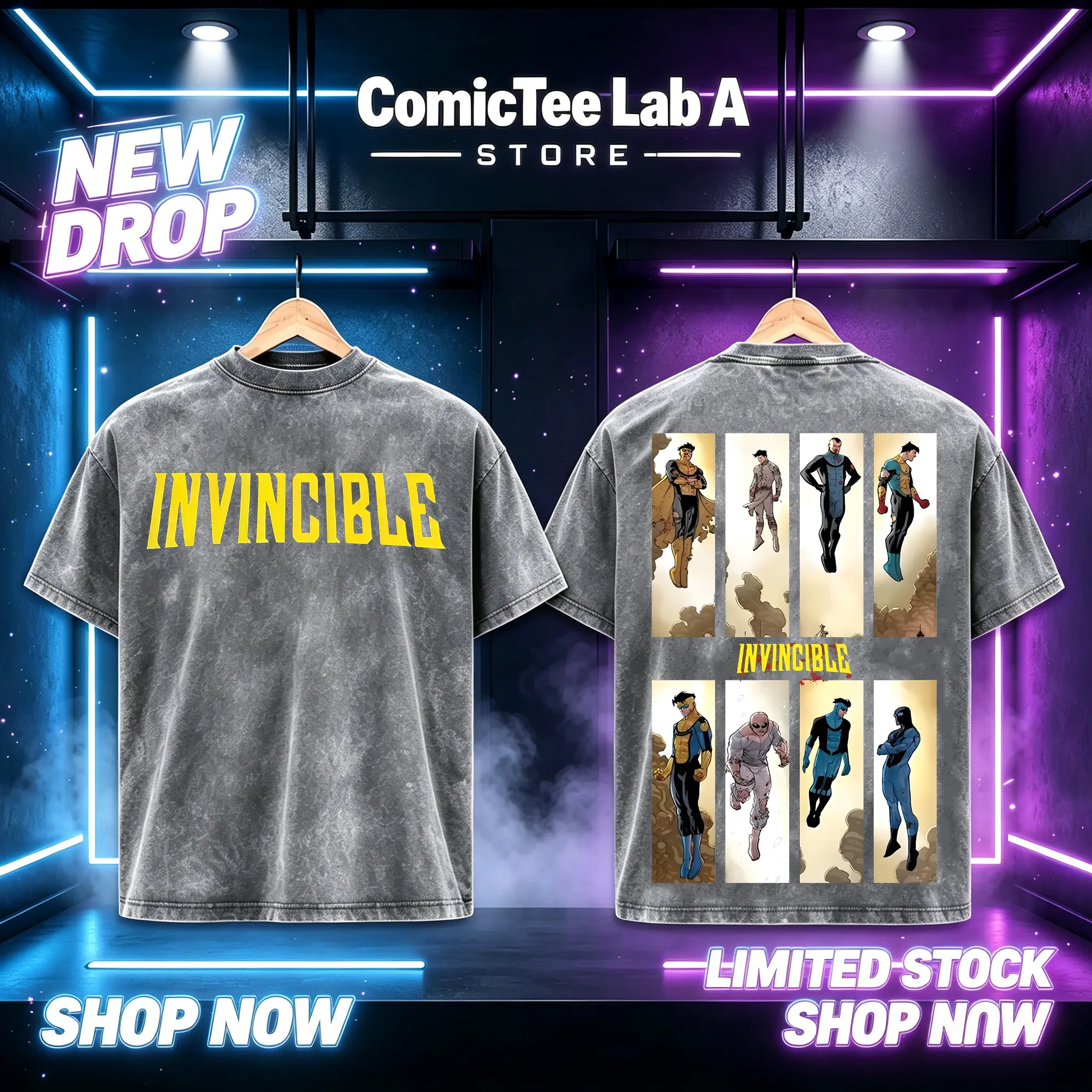 Retro Distressed Heavy Cotton Invincible Graphic Tee Double Side Design Front Solid Bold Invincible Font Back Vertical Strip All Main Hero Cast Art Oversized Casual Street Top Superhero Comic Merch For Men invincible Tshirt Crewneck Round Neck