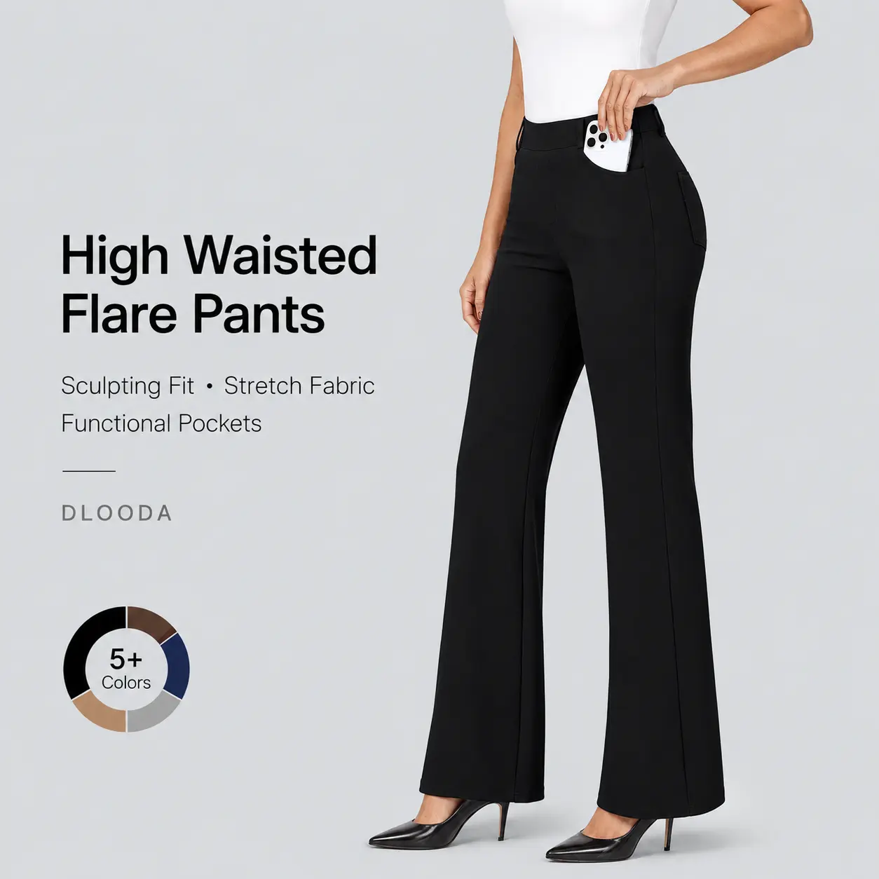 DLOODA Women's High-Waisted Stretchy Business Casual Pocket Pants - Pull-On Flared Full-Length Office Work Clothes, Machine-Washable Basic Plain Bottoms for Office,summerwins,summeroutfits,vacationoutfits,beachoutfits