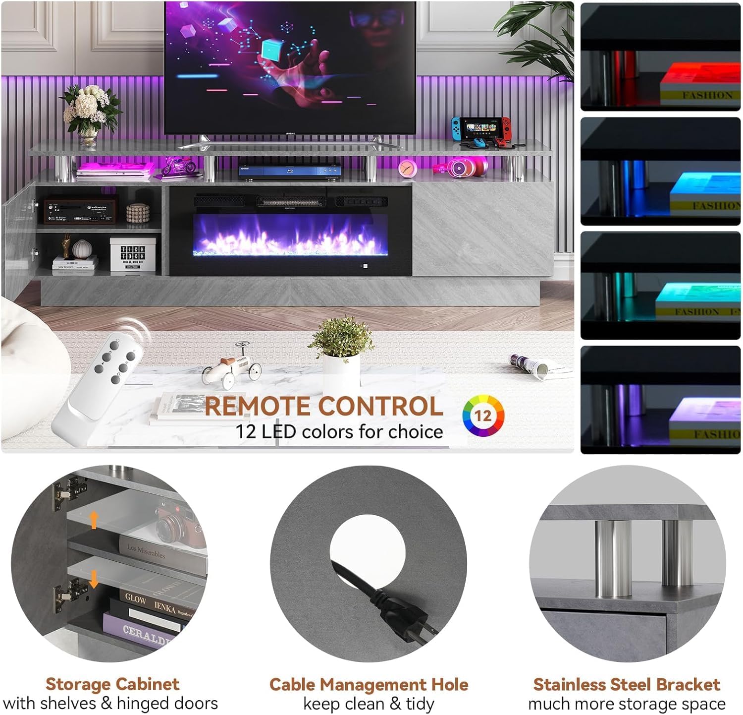 Aoxun Modern 80" Electric Fireplace TV Stand with Storage Cabinets LED Lights Hinged Doors for TVs up to 90" Gray Entertainment Center