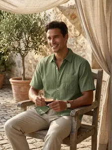 Men's Short-Sleeve Linen Button-Down Shirt - Natural, Classic Plain, Relaxed Fit, Breathable Loose-Fit, Tropical Fabric, Casual Summer Beach Shirt with Pocket