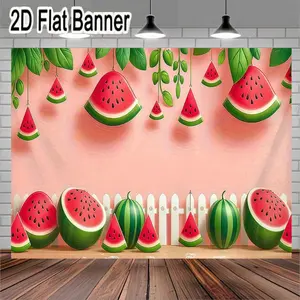 2D flat banner, 1pcVibrant Summer Watermelon Decoration Scene with Pink Background and Green Vines, Featuring Whole and Sliced Watermelons, Ideal for Parties and Seasonal Celebrations, Cheerful and Playful Atmosphere for Home or Event Decoration