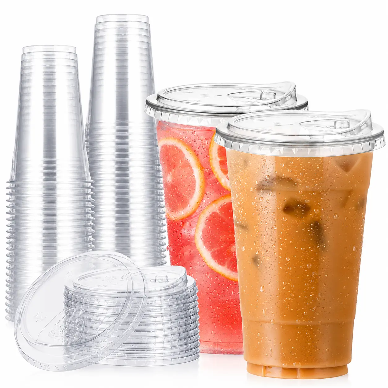 24 oz Clear Plastic Cups with Straw less Sip-Lids [50 Sets] PET Crystal Clear Disposable 24oz Plastic Cups with Lids - Crystal Clear, Durable Cup - BPA Free + Crack Resistant, for Coffee, Juice, Shakes