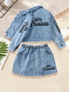 Princess Style Western Set, Princess Casual Jacket & Denim Skirt, Embroidered Crown Design, Perfect for Parties & Outdoor Activities