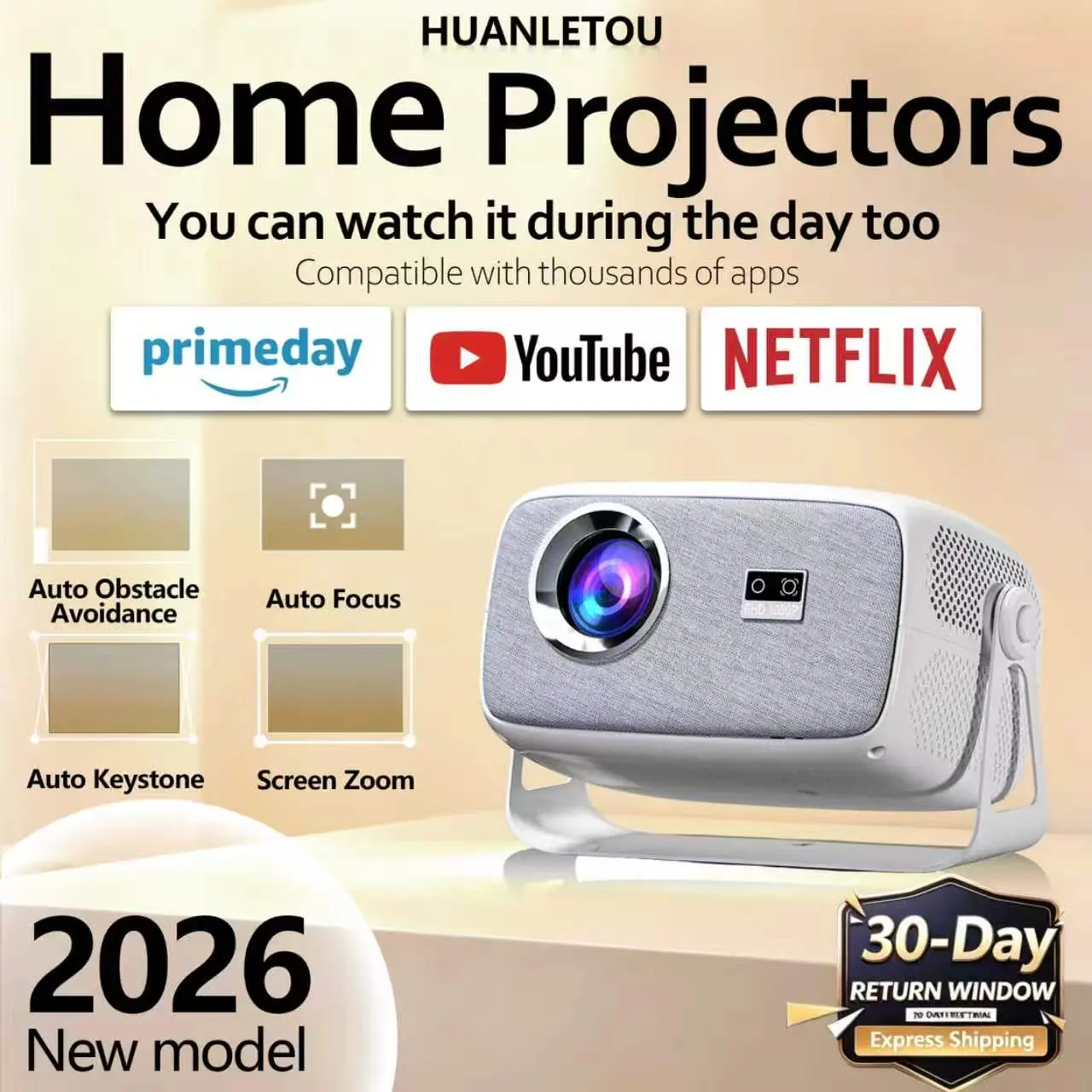 [US Warehouse] 2026 T6 Native 1080p LCD Smart Projector, 4K Decoding, Dual 2.4+5G Wi-Fi/USB, Bluetooth, Autofocus, Keystone Correction, 180° Rotation, 150-inch HD Display, 220W Built-in Speakers, Remote Control, Projector for Bedroom Tabletop Home Cinema
