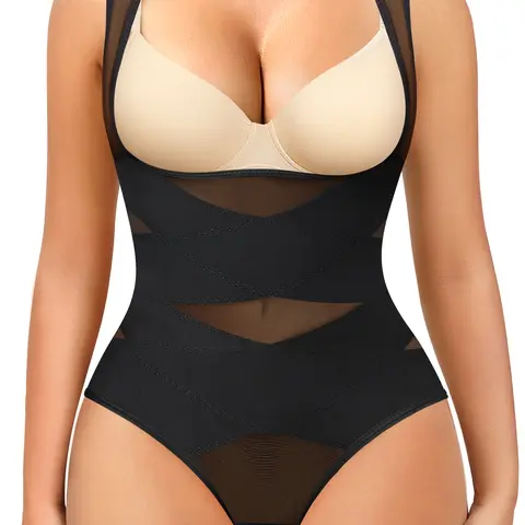 Women's Contrast Mesh Sheer Compression Everyday Wear Elastic Shapewear Bodysuit Underwear, Summer Wear 2024, High Stretch Breathable Tummy Control Shapewear for Daily Wear, Knitting, Womenswear Fit, Shapewear Clothes, Shapewear Daily Use