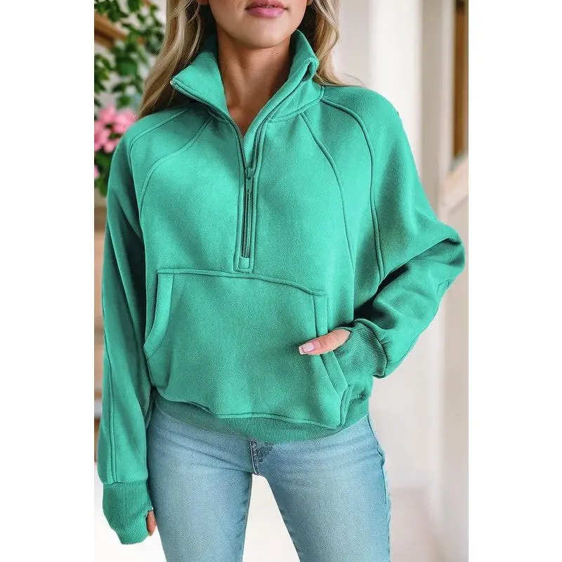 Stand Collar Ribbed Thumbhole Sleeve Sweatshirt