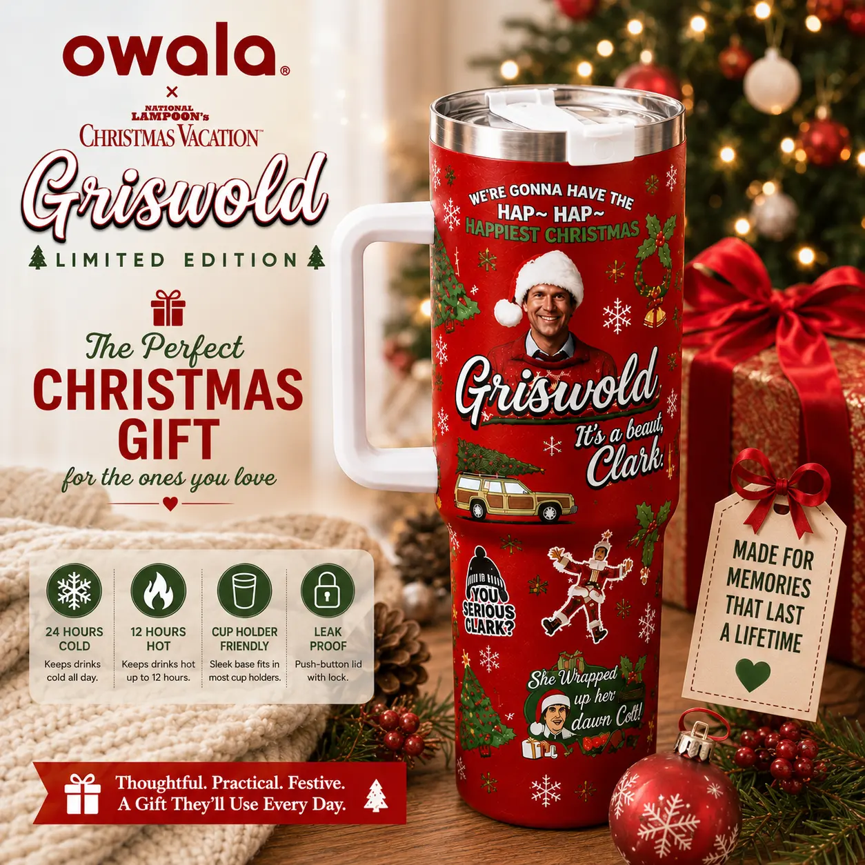 Owala Griswold Clark Family Christmas 40oz Travel Mug Limited Holiday Edition, Gift For Her, Gift For Him, Tumbler For Mery Christmas