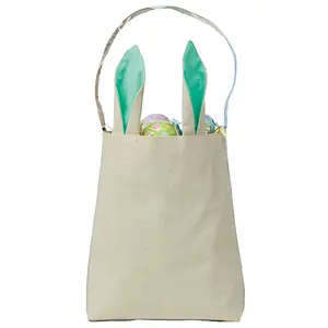Lillian Vernon Green Easter Basket Totes with Bunny Ears - Canvas 4" x 9" x 12", Green Easter Basket Cotton Organiser