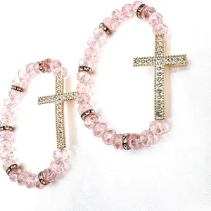 Baptism Favors 12pcs Electric Bracelets with Cross Charm & Acrylic Beads Recuerdos Para Bautizo FREE Bags for Special Gifts Pulseras