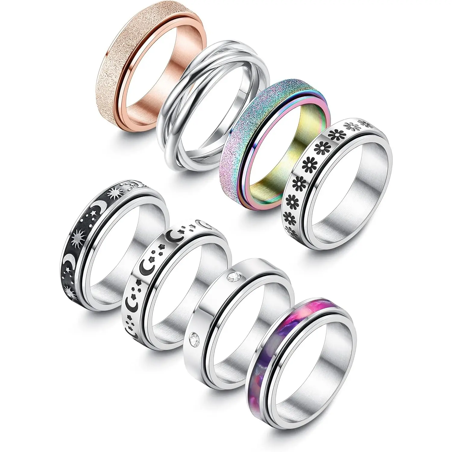 MILACOLATO 8Pcs Spinner Rings for Anxiety Relief Stainless Steel Rings for Women Men Anti Stress Band Rings Set Fidget Rings for Anxiety, Decreasing Stress, Relaxation Rings summerwins