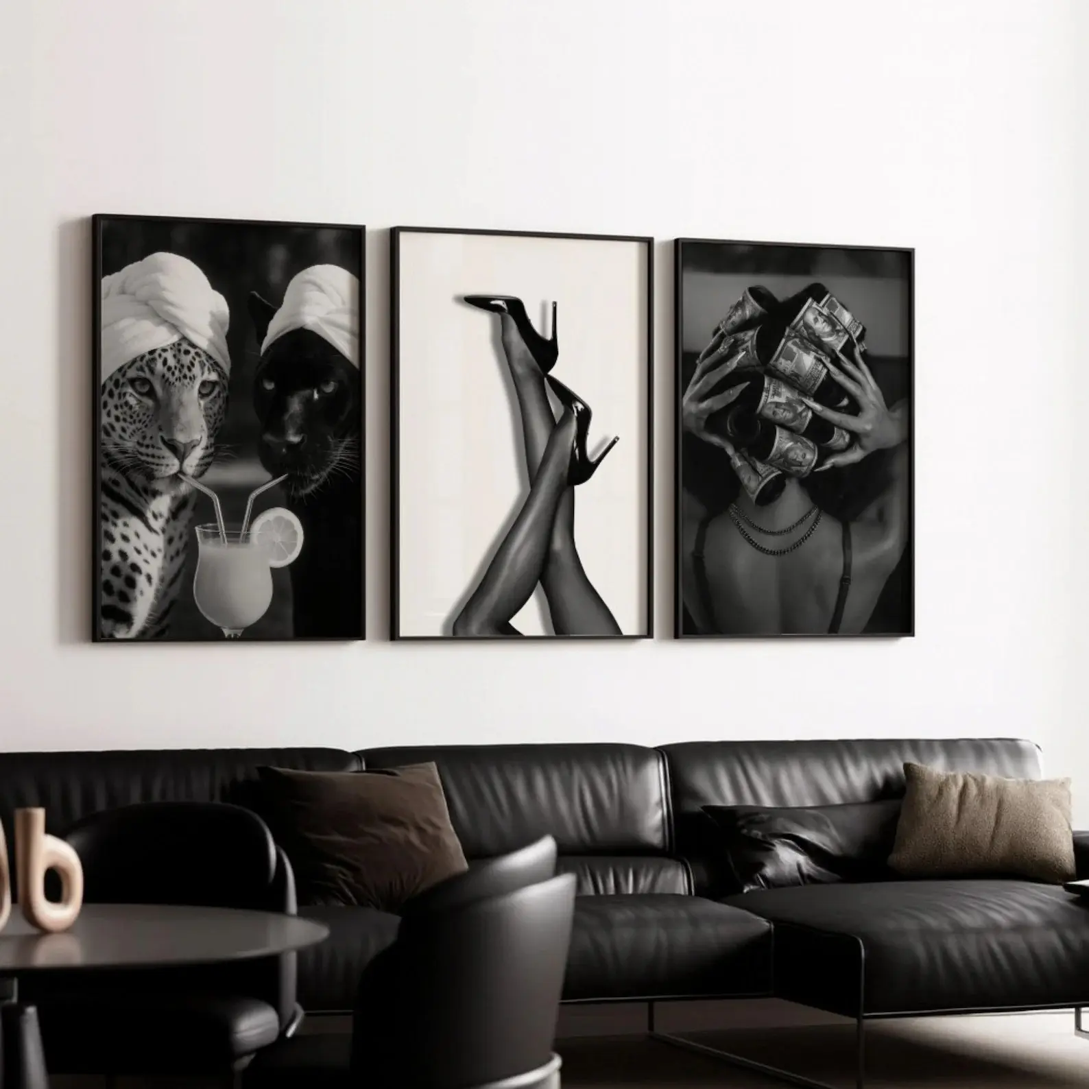 Black and White Fashion Prints set of 3, Leopard & Cheetah Cocktail, Heels, Glam Woman Poster (UNFRAMED)