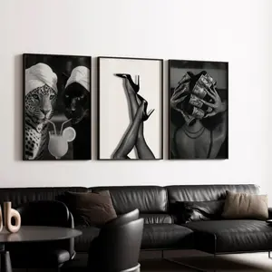 Black and White Fashion Prints set of 3, Leopard & Cheetah Cocktail, Heels, Glam Woman Poster (UNFRAMED)