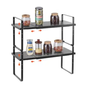VEVOR Adjustable Kitchen Cabinet Shelf Organizer, Expandable 2 Tier Cabinet Shelf, Stackable Countertop Organizers and Storage Shelf Risers, Pantry Organizers for Kitchen Bathroom Office, Black