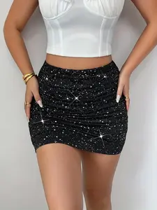 Women's Fashion Silver Color Sequins Waist Cinching Bodycon Short Skirt, Elegant Slim Fit Half-Length Dress for Parties