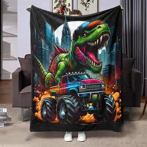 Dinosaur Print & Truck Pattern Blanket, 1 Count Soft Comfortable Cozy Throw Blanket, Cool Trend Car Blanket, Bedroom Refresh Decor, Gift for All Seasons