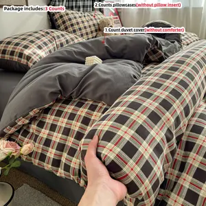 3pcs black Plaid bedding Set, 1Pc Duvet cover+2Pcs Pillowcases （without comforter and pillow insert）100g Polyester Heavy Fabric, Single Twin Double Queen Size, All Seasons Use
