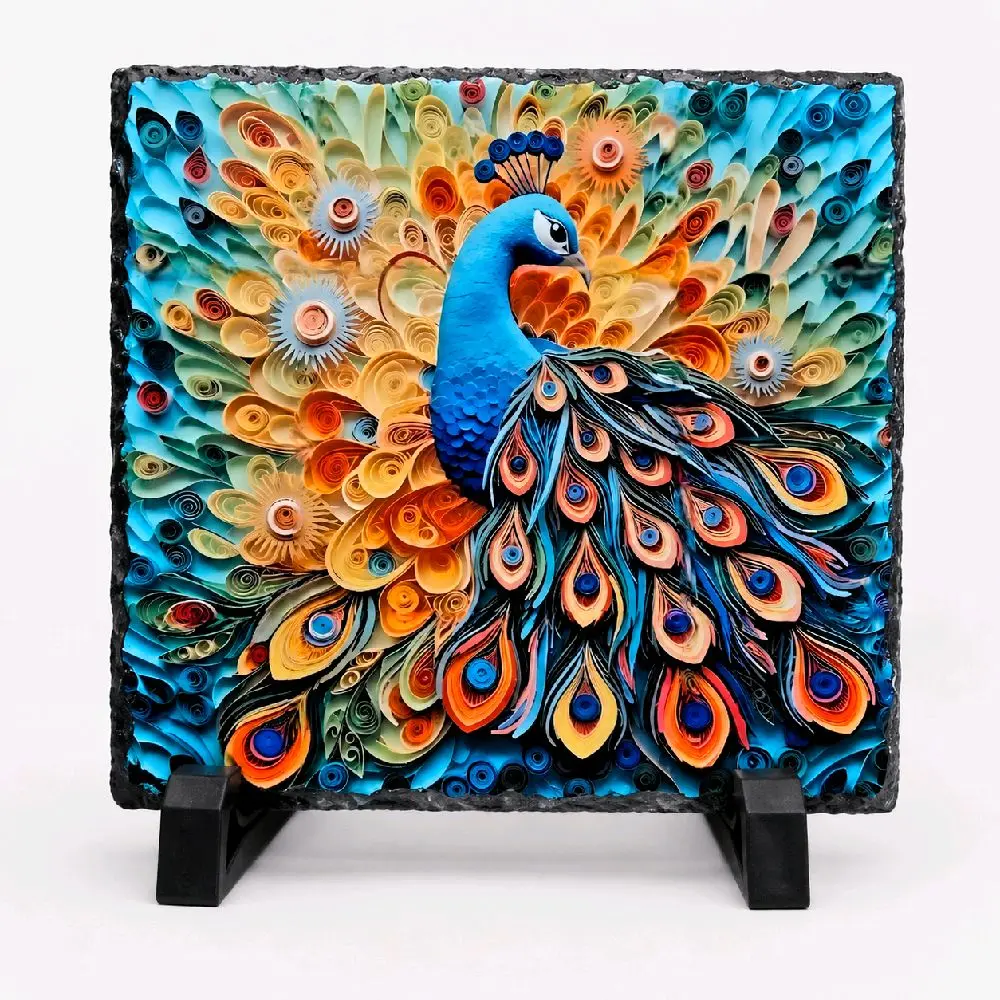 Vibrant Peacock Photo Slate, 8x8 in Artistic Decor for Home & Tabletop Display