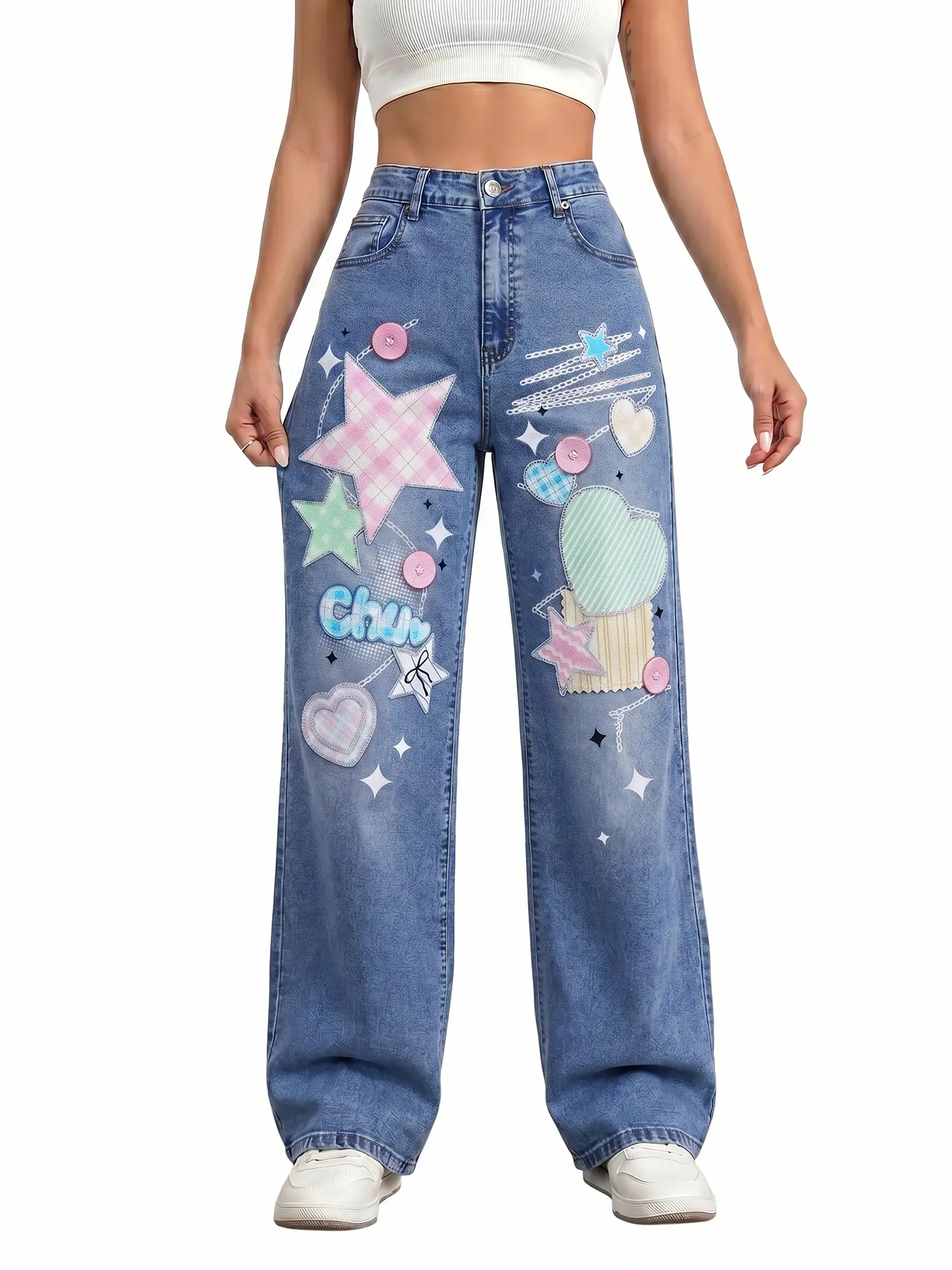 Jr Jeanius Wear Women's High Waist Wide Leg Denim Jeans! High Rise Stretchy Printed Style Semi Baggy Jeans Fit, Bedazzled Jeans Sparkle & Still Cool Jeans Vibe! Print has retro 'Chu' letter + soft blue dot,  Baggy Jeans Outfit.Cute  streetwear Breatha
