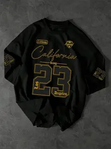 Men's Black Graphic Fitted Long T-Shirt With Golden "California 23 King Los Angeles" Print, Streetwear Tee, Bold Sleeve Design, For Hip Hop Fans And Casual Daily Wear