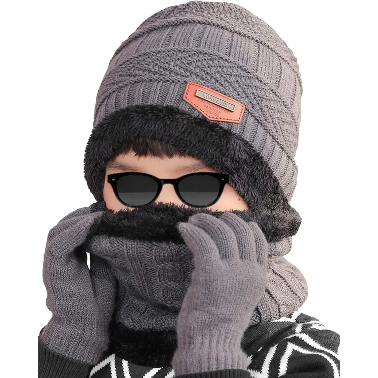 Kids' Stretchy 3-Piece Hat, Scarf & Gloves Set, Knitted Sherpa Lined, Eco-Friendly Cold Weather Accessories with Conductive Fingertips, Hand Wash, Beaniebonnets, Acrylic, Touchscreen