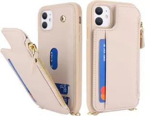 Cavor for iPhone 11 Case with Card Holder,iPhone 11 Wallet Case for Women,Phone Case iPhone 11 Case with Strap,Crossbody Lanyard and Wristlet,Leather Zipper Pocket Case-Cream