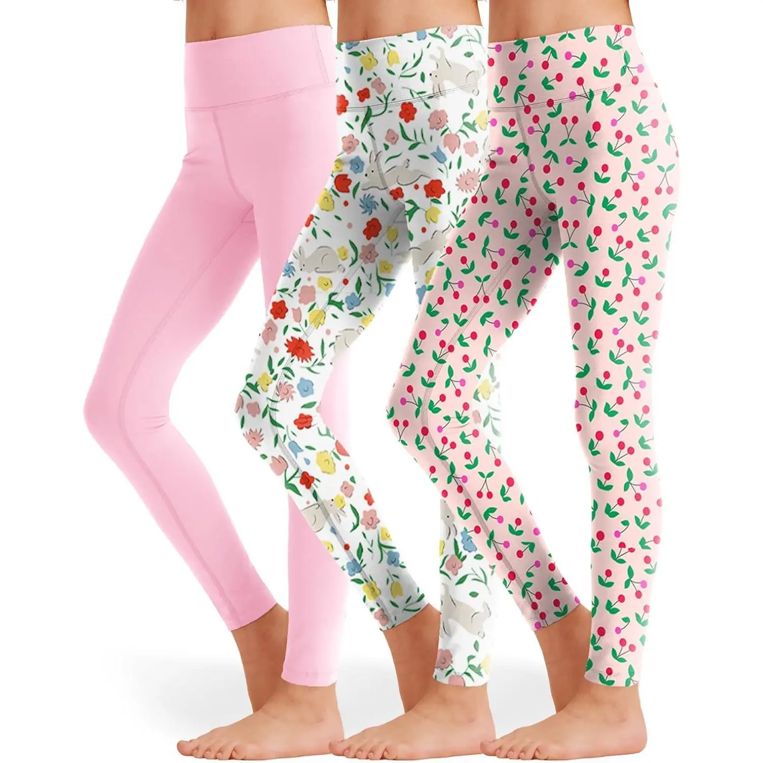 KF5-GCS020  3 Pack Girls Black Athletic Leggings, Printed Ankle Length High Waisted Yoga Pants for Kids Teen