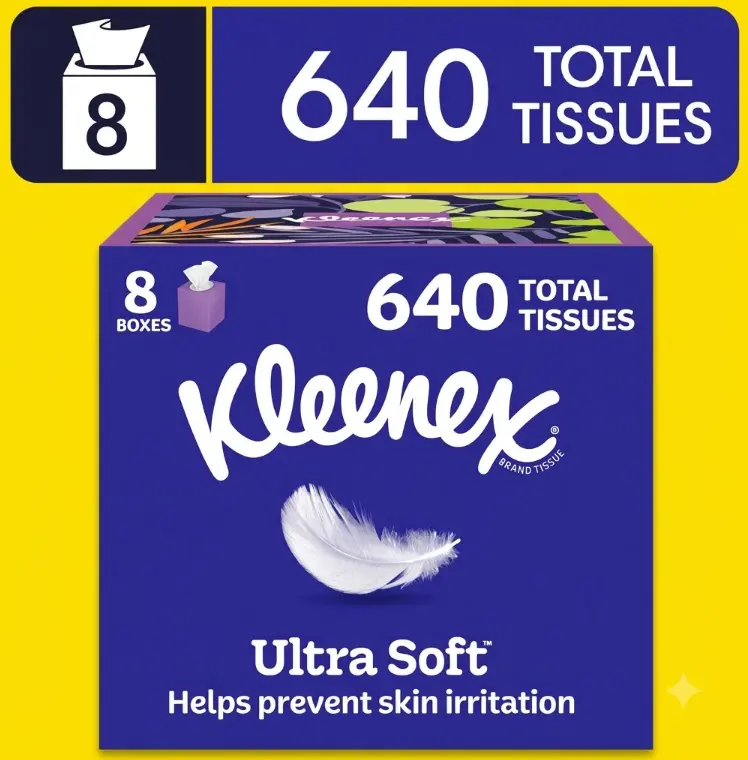 Kleenex Ultra Soft 3-Ply Cube Box Tissues 8 Pack 640 Ct Soft Breathable Fabric Facial Tissue