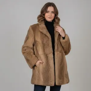 Women's Brown Fur Chic Long-Sleeve Fit Lightweight Denim-Infused Casual Short Coat Jacket - Elegant Evening & Daily Wear Outerwear