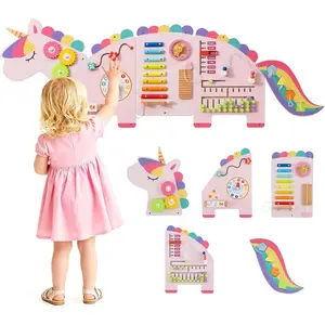 Costzon Activity Wall Busy Board Panels, 11-in-1 Wooden Sensory Wall Panel for Kids, Wooden clock |Rotary Gears|Flipping Blocks|Xylophone|Spinning Block|Scratch Board|Tracking Game|Abacus Slider|Week Slider|Sliding Maze|Shape Match Game, for kids 3 Years+