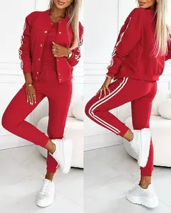 2026 Spring ChicMe Women's 3 Piece Outfits Matching Sets Striped Tape Patch Tank Tops Valentine's Day Button Front Jacket Cuffed Pants with Pockets Tracksuit Comfort Womenswear for Wedding Guest & Wedding