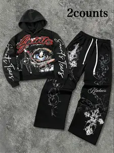 Men's Hoodie and Long Pants Set, Eye Letter Print, Cross Pattern, Vintage Casual Street Style, Fall & Winter Fashion, Menswear