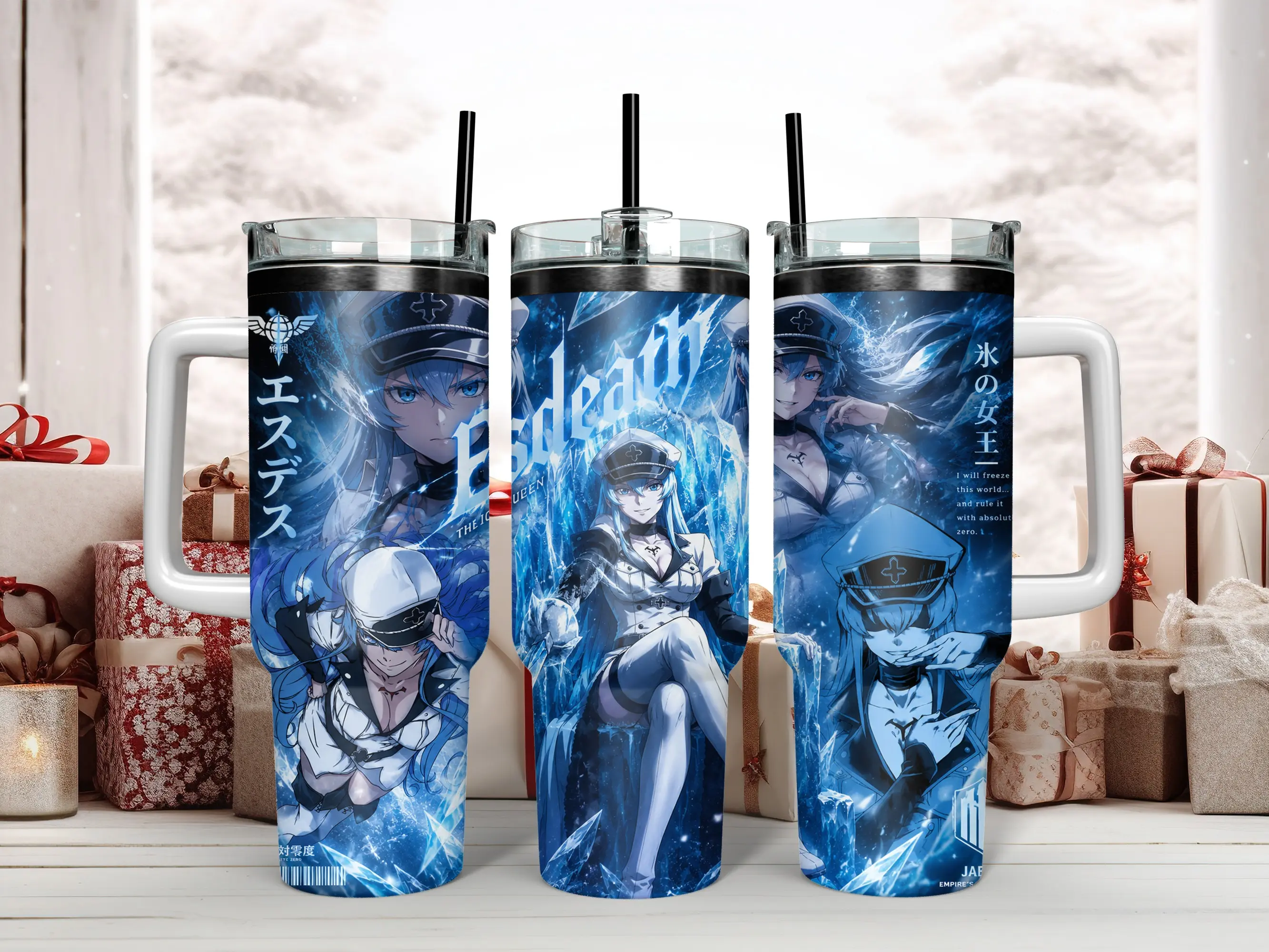Akame ga Kill! General Esdeath The Ice Queen Anime 40oz Insulated Stainless Steel Water Bottle - Epic Blue Ice Graphic Art, White Handle, Straw, Lid, Portable Reusable - Ideal Gift for Shonen Fans, Kitchenware Drinkware Flask