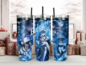 Akame ga Kill! General Esdeath The Ice Queen Anime Character 40oz Insulated Stainless Steel Water Bottle Tumbler - Epic Blue Ice Graphic Art, Handle, Straw, Lid, Insulation - Ideal Gift for Shonen Fans, Kitchenware Drinkware Flask