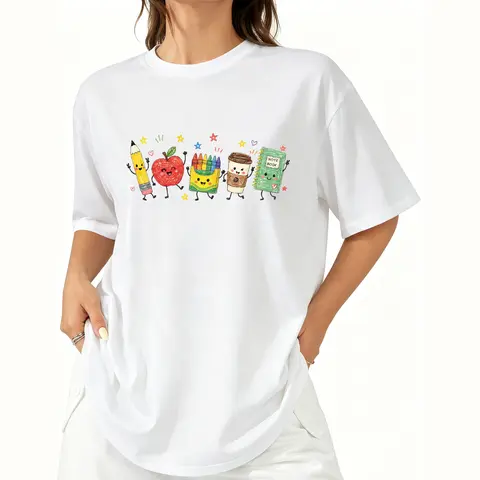 Women's Classic Casual Cotton Short-Sleeve Crew Neck Tshirt - Digital Print Cute School Supplies Graphic, Classroom Aesthetic, Machine Washable Back to School Teacher Gift Top, Refer to Size Chart