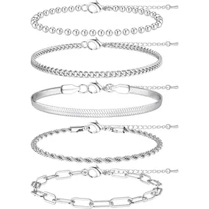 CASSIECA 5Pc Stainless Steel Stacking Bracelets Set, Gold-Plated Silver-Tone Rope Chain, Figaro Bead, Cuban Link Charm Jewellery for Daily Wear for Women SummerVibes