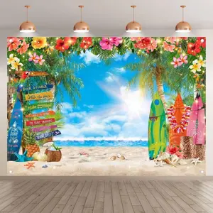 Summer Hawaiian Beach Photo Backdrop: Tropical Flowers, Palm Leaves, and Surfboards; Hawaiian Aloha Party Decor Banner Photo Booth Backdrop