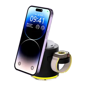 3 in 1 Charging Station for iPhone,Magnetic Wireless Charger for iPhone,Travel Charging Station for Apple Devices,Wireless Charging Stand for Apple Watch/AirPods,Rotating & RGB Light Adjust,Wireless Charger for iPhone 16/15/14/13/12 Series Smartphone