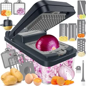 12-in-1 Sturdy Stainless Steel Vegetable Chopper Kitchen Supplies - Interchangeable Multi-Blade Set with 7-Hole Blades, Onion Chopper, Cucumber Slicer, Versatile Mandoline, Egg Separator, Finger Guard, Scraper, Gray